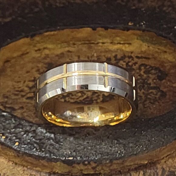 Personalized Mens Real Tungsten Promise Ring Brushed Steel 14k Gold Grooves - Picture 5 of 12